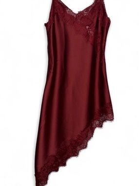 PrettyLittleThing Asymmetric Lace-Trim Satin Slip - Wine